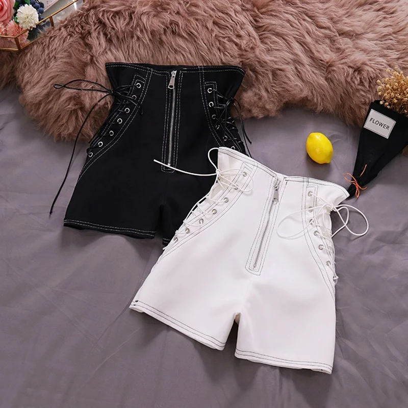 2021 New Autumn Women Fashion Front Zipper Shorts Tie High Waist Female Casual Black Ladies All Match Wide leg Short Pants