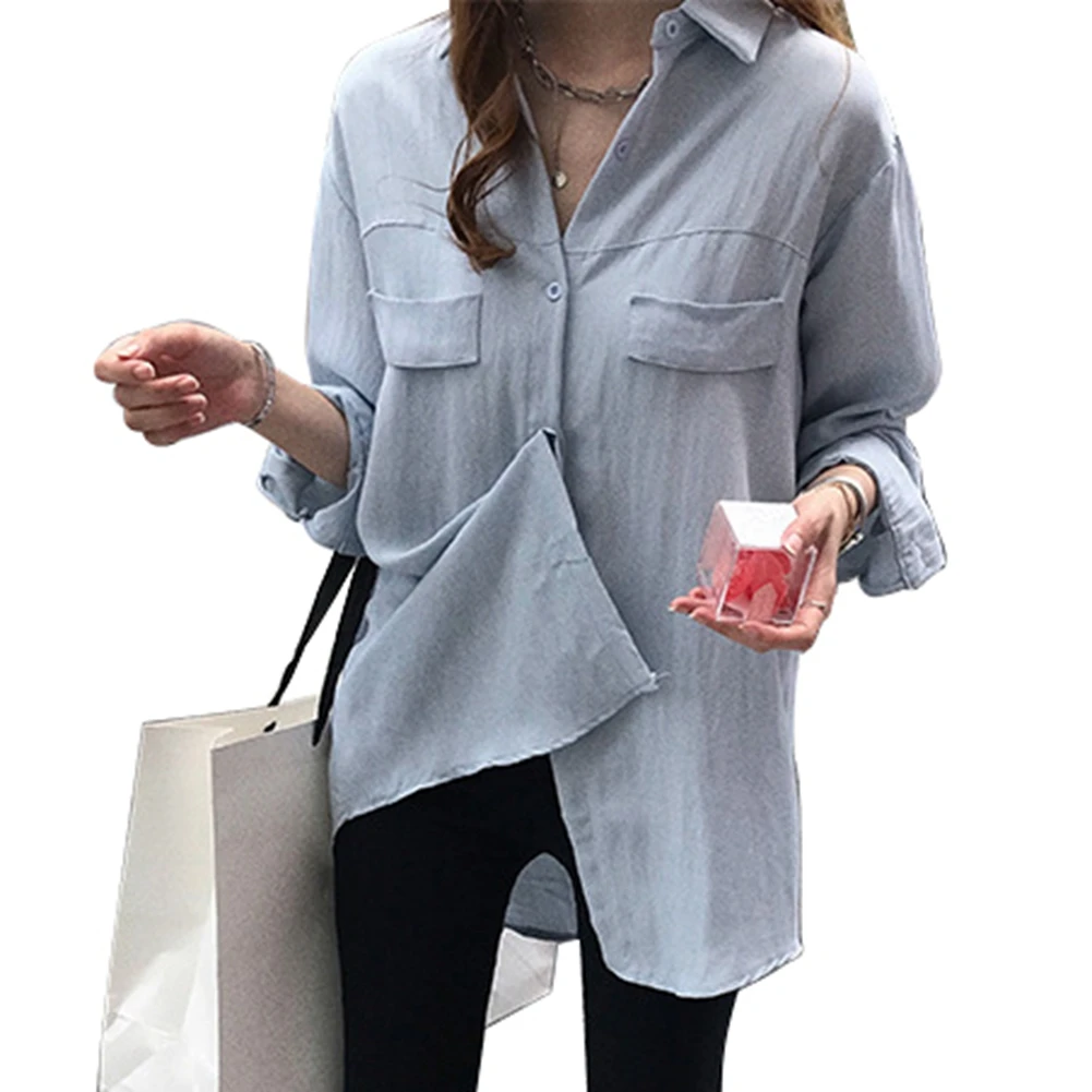 

Women's Shirt Autumn Plus Size Basic Long Shirt Top Women Solid V Neck Long Sleeve Long Casual Women Loose Blouses Shirt Femme