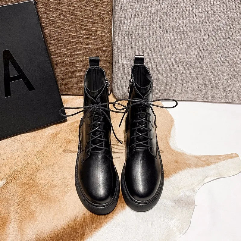 

Martin Boots Locomotive Mid-tube Short Boots PU Leather Short Boots Rubber British Style Retro Autumn and Winter Female Q10-53