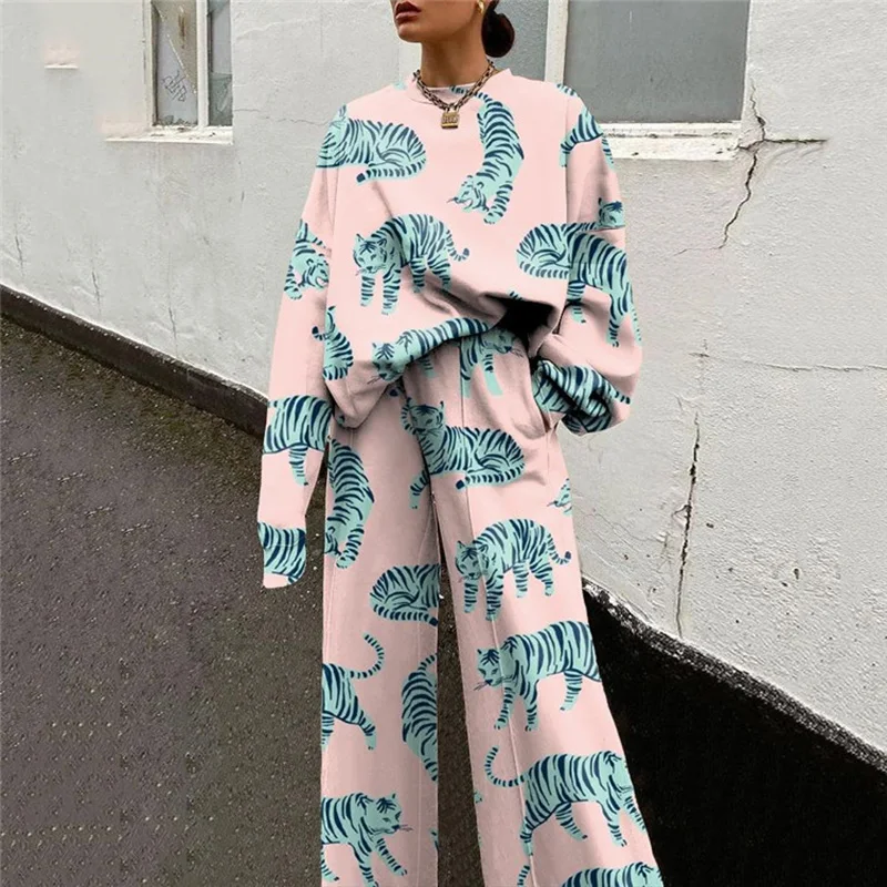 

2021 Spring Women Casual O Neck Long Sleeve Sweatshirt Tops And Loose Pants Trousers Tracksuit Two Piece Set Abstract Print Suit
