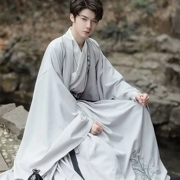 

Hanfu Male and Female Lovers Wide Sleeves Cross Collar Set Heavy Embroidery Elegant Ancient Costume Halloween Costume White
