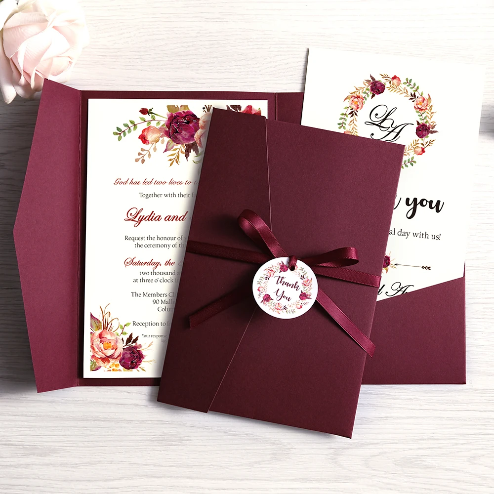 Tarjetas personalizadas para fiestas, postales de felicitación o invitación con sobre color borgoña y azul, con cinta y etiqueta, para boda, 100 piezas