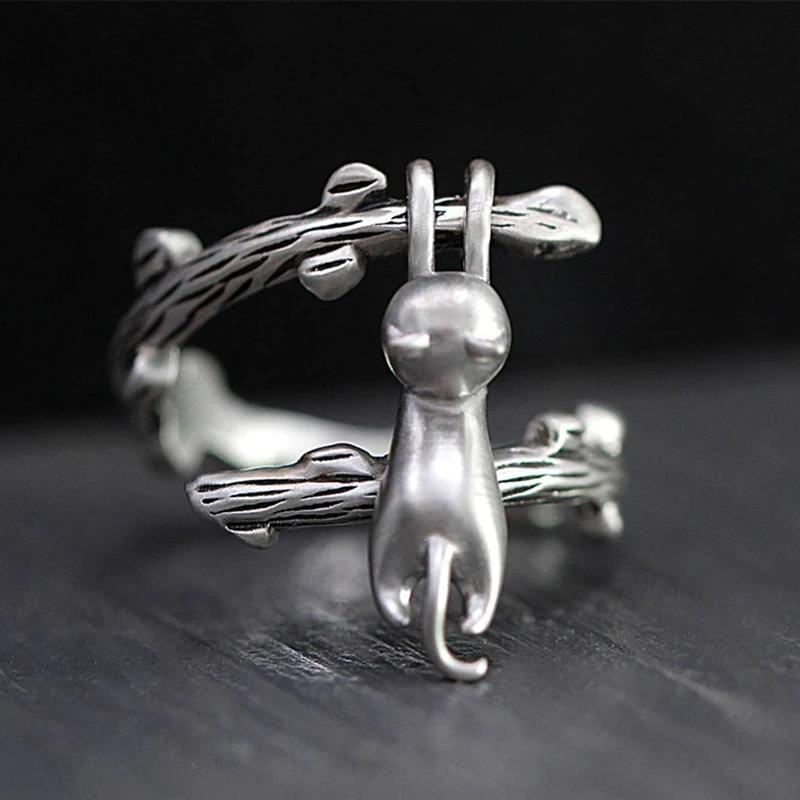 

2021 Hot Cute Designer Cat Climbing Tree Adjustable Opening Rings For Women Silver Color Female Jewelry Birthday Party Gifts