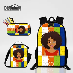 3pcs bookbag set 600d polyester sublimation school bag with pencil case food cooler bags african black girl printing backpack free global shipping
