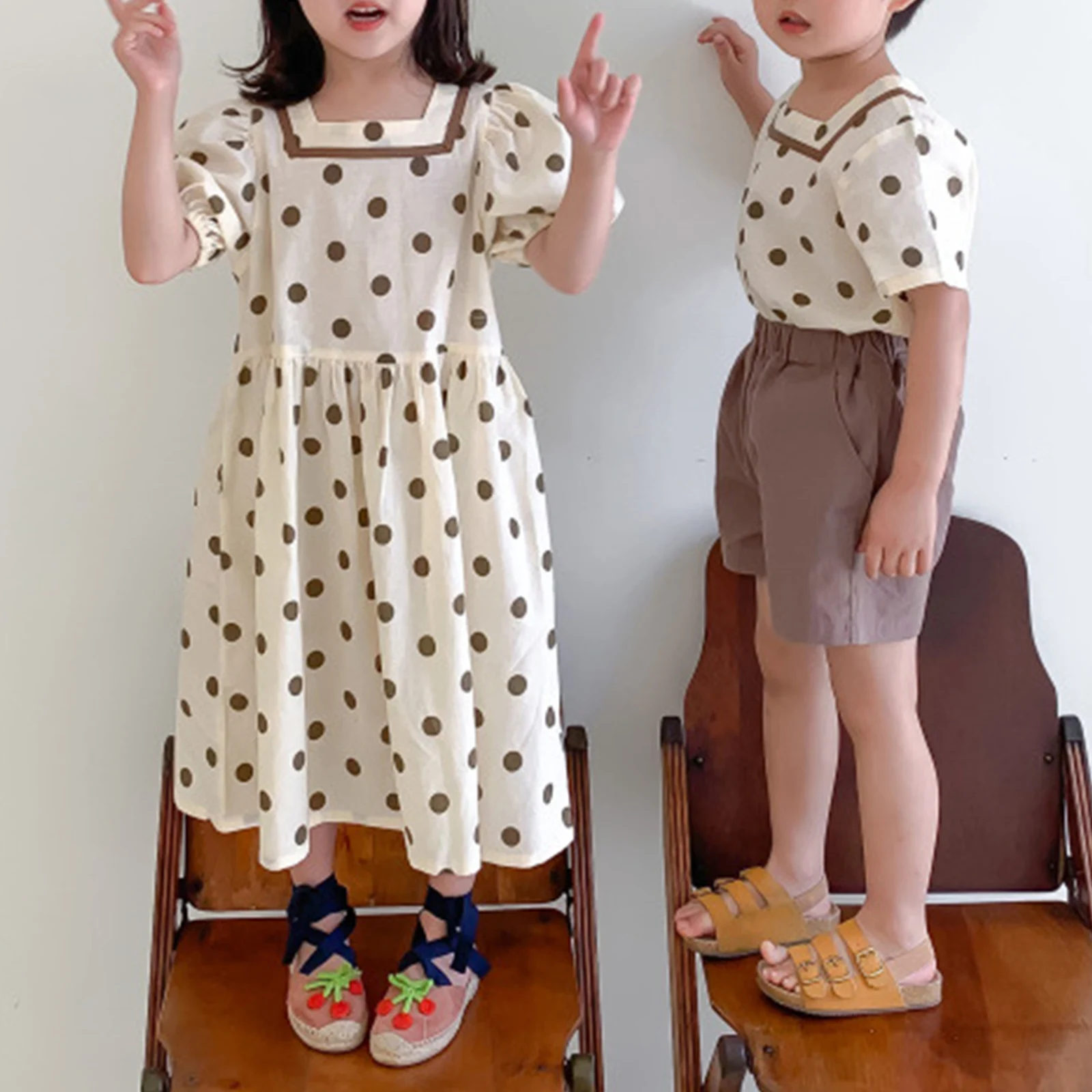 

Одежда Brother Sister 2021, летний наряд, костюм из двух предметов для маленьких мальчиков, платье в горошек для девочек, хлопковая модная одежда для ...