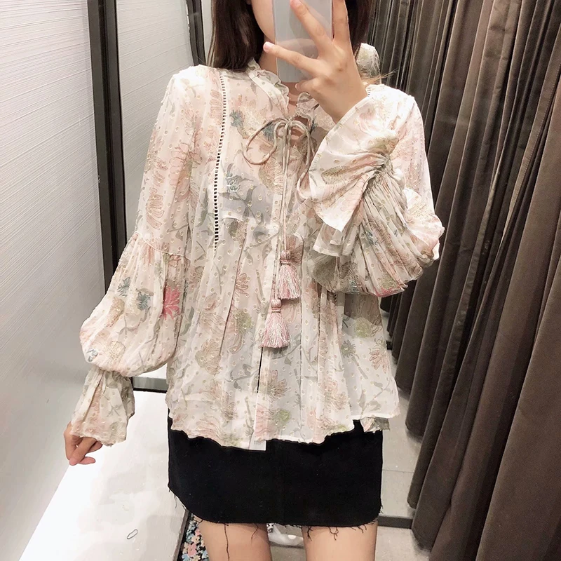 2019 мода галстук-бабочка с длинным рукавом Футболка кисточками Blusas Винтаж