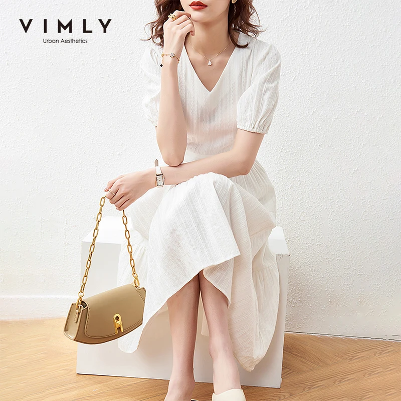 

VIMLY Summer White Dress For Women Elegant V Neck Puff Sleeve Vintage Dress Office Lady Aline Long Dresses Female Vestidos F7156