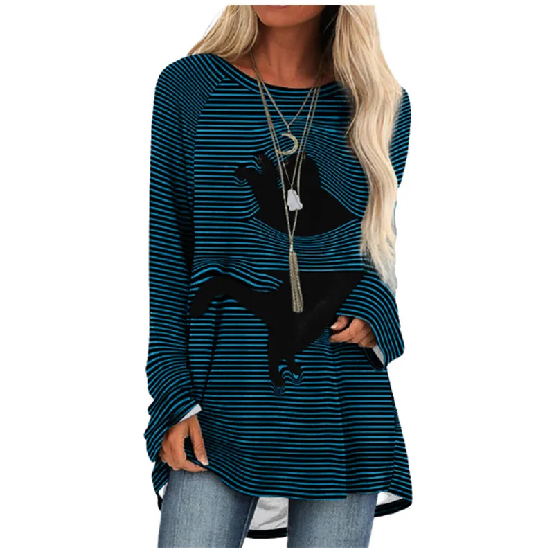 

Cat Print Striped T-shirts Women Spring Loose Plus Size Tops O-Neck Long Sleeve Tee Tops 2021 Fashion Female Clothes