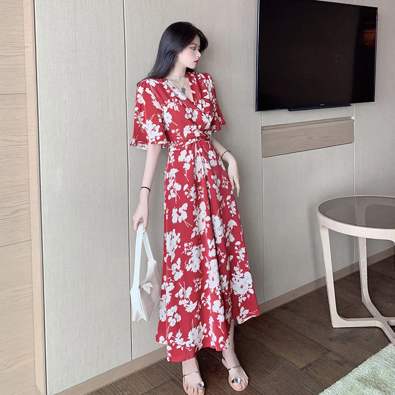 

2012 new summer women's print v-neck dress Japanese medium-length slimming skirt ladies loose slimming large skirt girls red flo