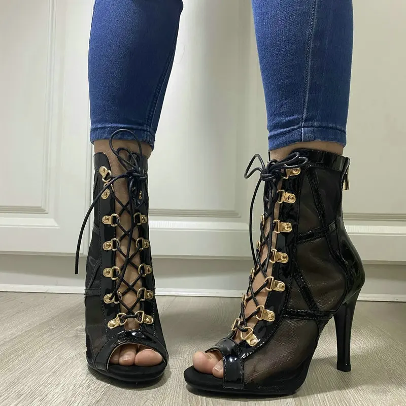2022 Women Dancing Sandals High Quality Sexy Open Toe Zipper Lace Up High Heels Summer Sandal Black Dance Shoes Plus Size 46
