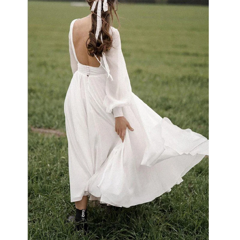 

2021 New Summer Women's Floor-Length Maxi Chiffon Dress Beach Dresses Long Sleeve Female Elegant White Dresses Femme Vestdiaos