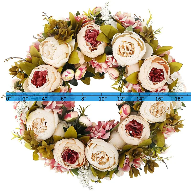 

Artificial Peony Flower Wreath 19Inch Vintage Flower Green Leaves for Outdoor Front Door Wedding Wall or Window DeCor