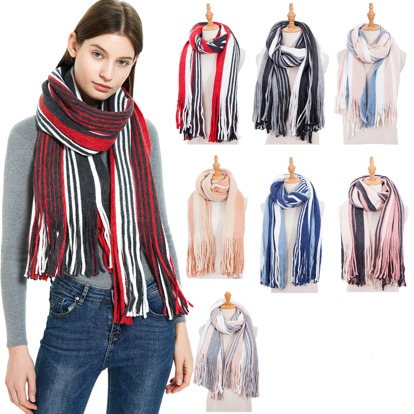 

Drop Ship 2020 Scarves for Women Tassel Striped Shawls Warm Wraps Female Pashmina Pure Scarf Neck Headband Hijabs Stoles Foulard