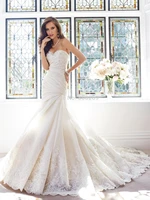sf 25 2015 romantic strapless crystal organza and lace applique sweetheart neckline a chapel train mermaid wedding dresses