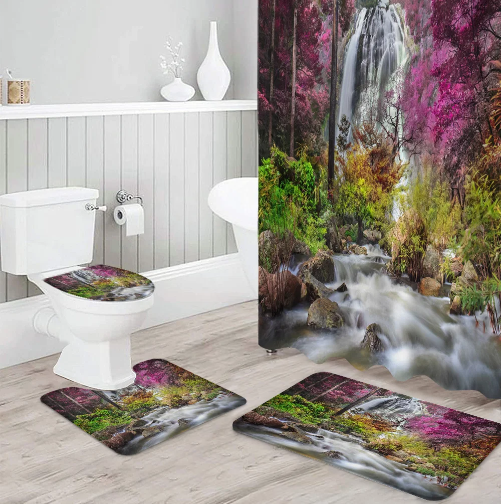 Plant Forest Waterfall Tropical Rainforest Shower Curtain Toilet Seat Cover Set Wc Accessories Mat Bathroom Decor Bath Curtains | Дом и сад