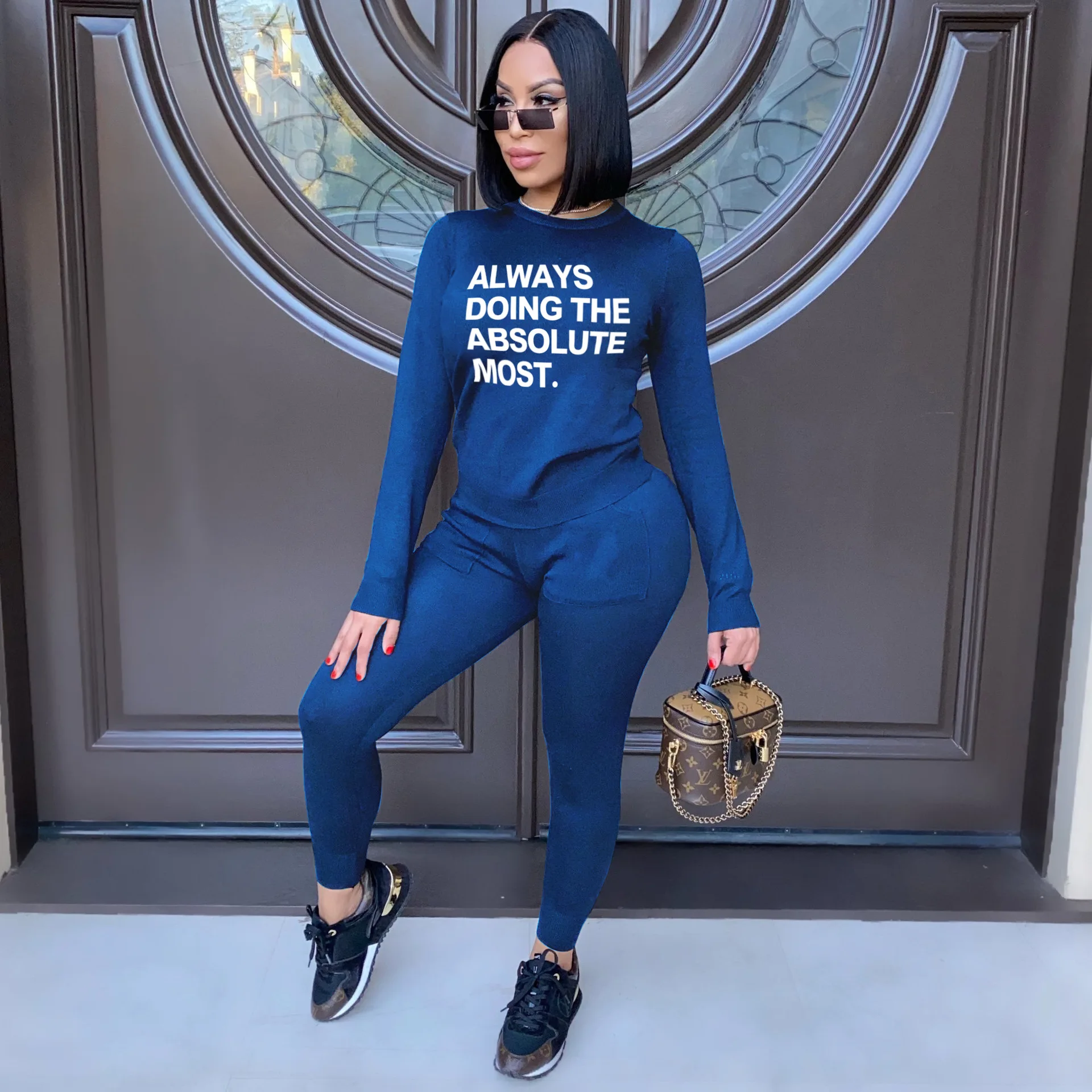 

Vintage Casual 2 Piece Matching Sets For Women Letter Printed Pullover Sweatshirt Top Jogger High Waist Pants Suit Lounge Wear