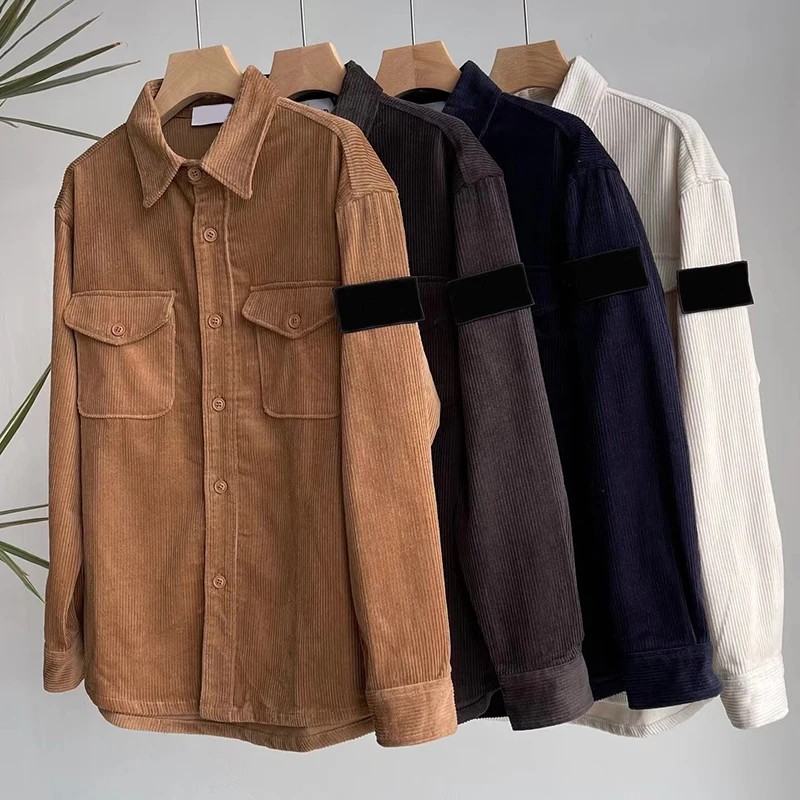 

Vintage Corduroy Shirts Men Clothing Long Sleeve Retro Loose Cargo Casual Turn Down Collar Autumn Male Tops Chemise Homme MA283