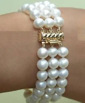 

FREE SHIPPING @@ 0700 3row 8" 7-8mm WHITE ROUND FRESHWATER PEARL BRACELET