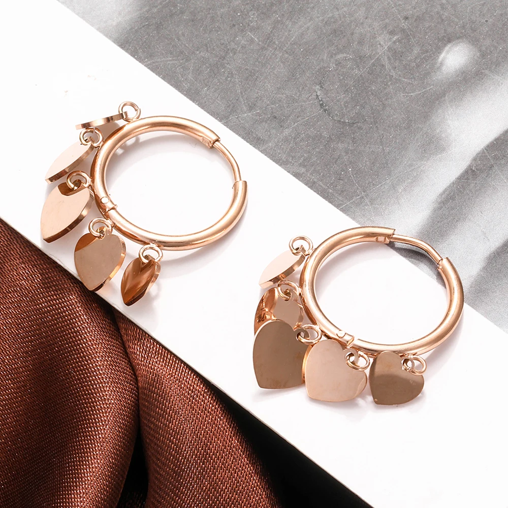

Cute Heart Earrings Korean Jewelry Stainless Steel Tassel Hoop Earring Rose Gold Fashion Charm Earring 2020 New Design For Women