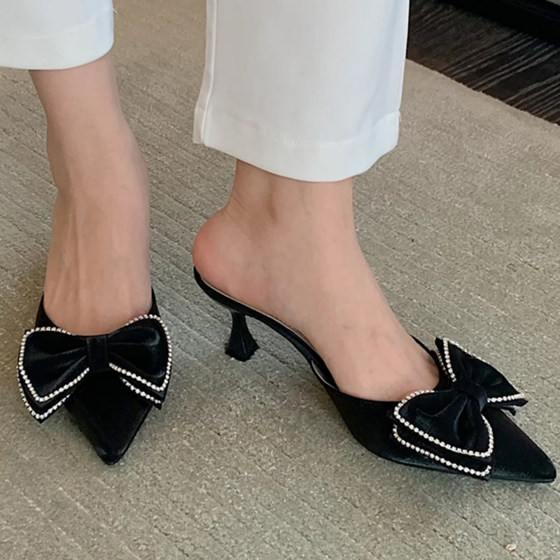 

2022 New Women Pumps Fashion Thin Heels Slippers Mules Pointed Toe Shoes Female Butterfly-knot Transparent Slides For Ladies