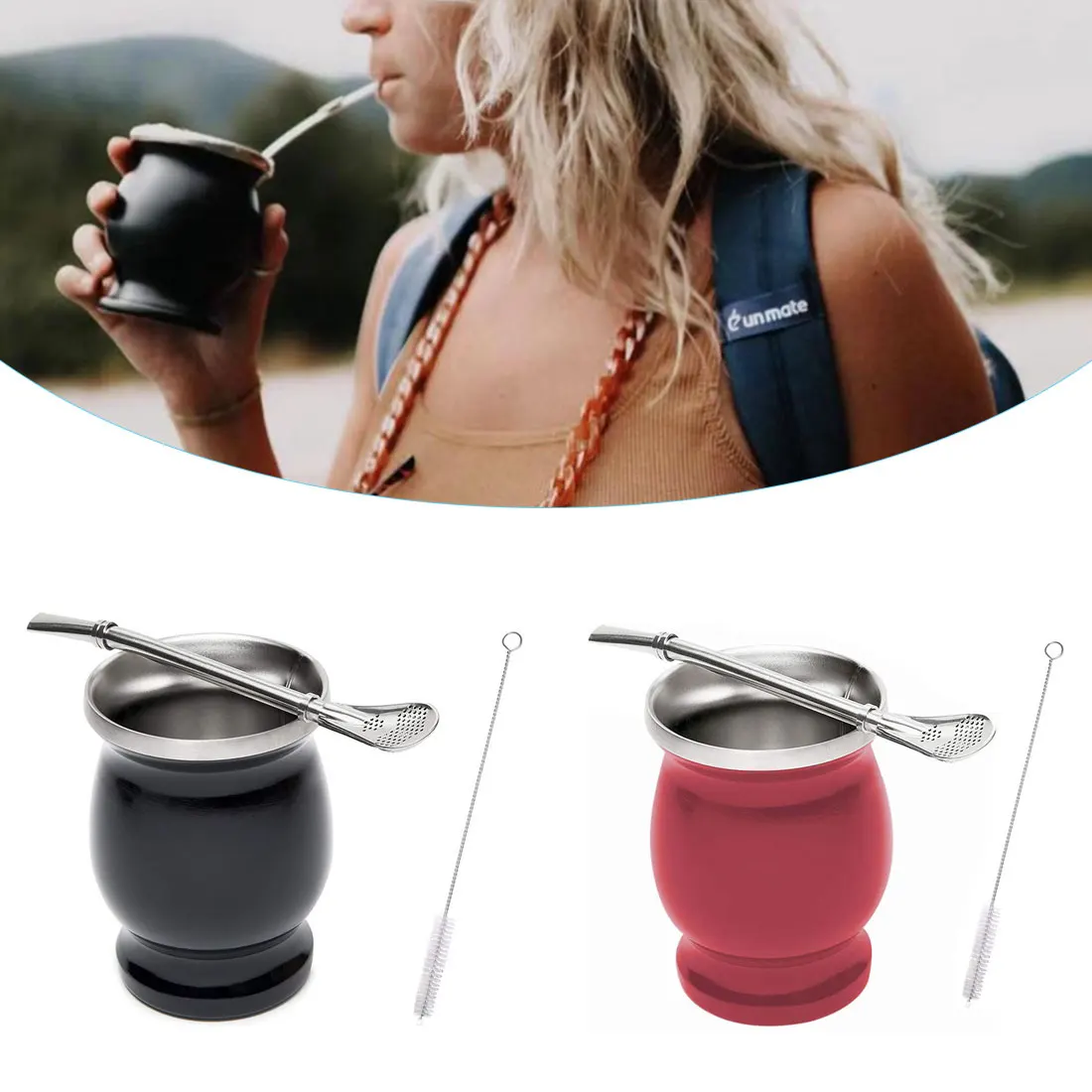 

NEW 1 Set 230ML Bombilla Set Yerba Mate Gourd Stainless Steel Tea Cup with One Spoon and Brush Heat Insulation Anti Scalding CUP