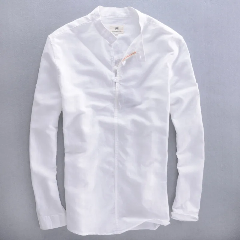 Белая Мужская льняная рубашка с длинными рукавами темно-небесно-голубого цвета