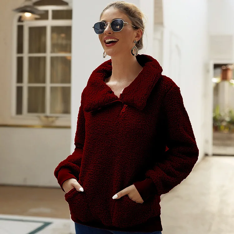 

WEPBEL Autumn Winter Fashion Solid Color Plush Loose Top Women's Casual Long Sleeve Zipper Turn-down Collar Pocket Pullover Top