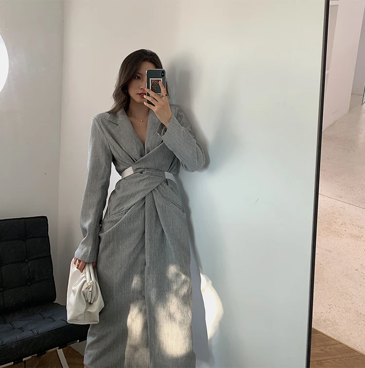 

Elegant Women Dress Twist Waist Grey Party Dresses Robe Femme Autumn Ladies n Fashion Clothing Outfit
