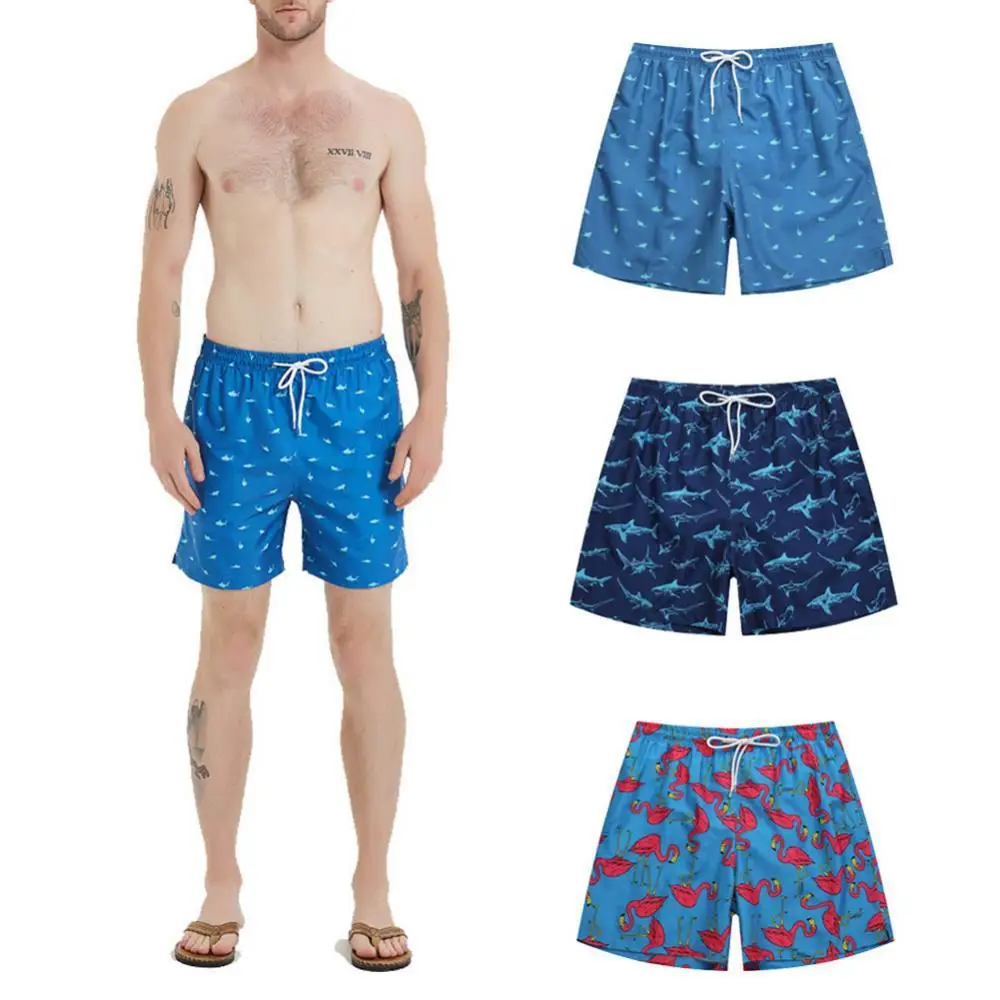 

Summer Flamingo Shark Men Shorts Quick Drying Sport Drawstring Beach Swim Trunks