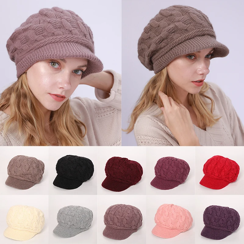 

European and American Pure Color Plus Velvet Warm Rabbit Woolen 8-character Twist Hat with Head Circumference 50 to 65cm