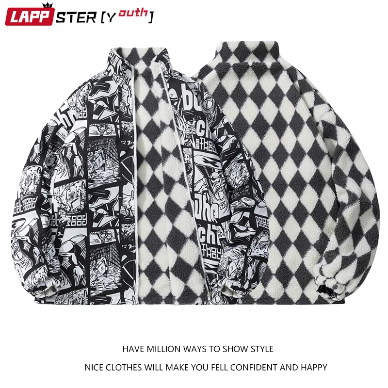 LAPPSTER-Youth Men Winter Cartoon Streetwear Jackets Coats 2022 Mens Lambswool Plaid Casual Parkas Male Japanese Fashion Outwear