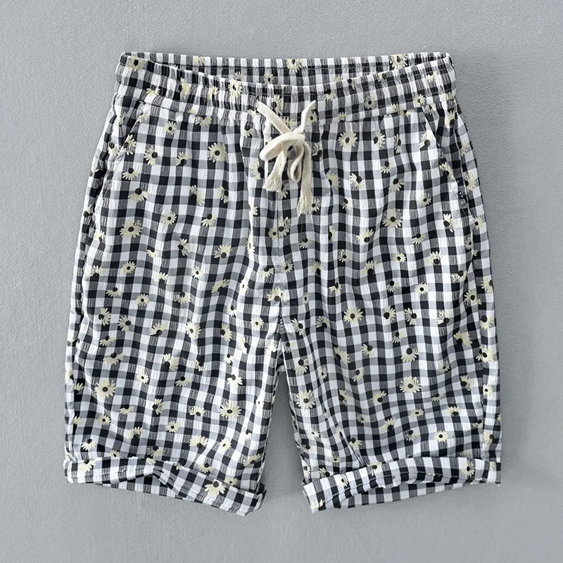 

RC2033 Men Casual Beach Shorts Fashion Holiday Sport Cotton Drawstring Straight Loose Daisy Plaid Printing Five-Point Pants