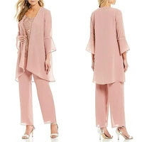 2021 chiffon mother of the bride pant suits three pieces lace long sleeves jumpsuits wedding guest mother of the bride plus size