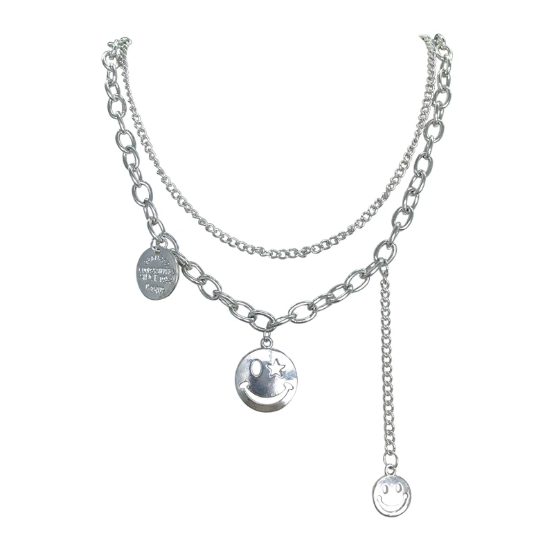 

Double Layer Smiley Necklace ~ Disco Hip Hop Retro Distressed Ins Simple Cold Style Korean Sweater Chain Clavicle Chain Female