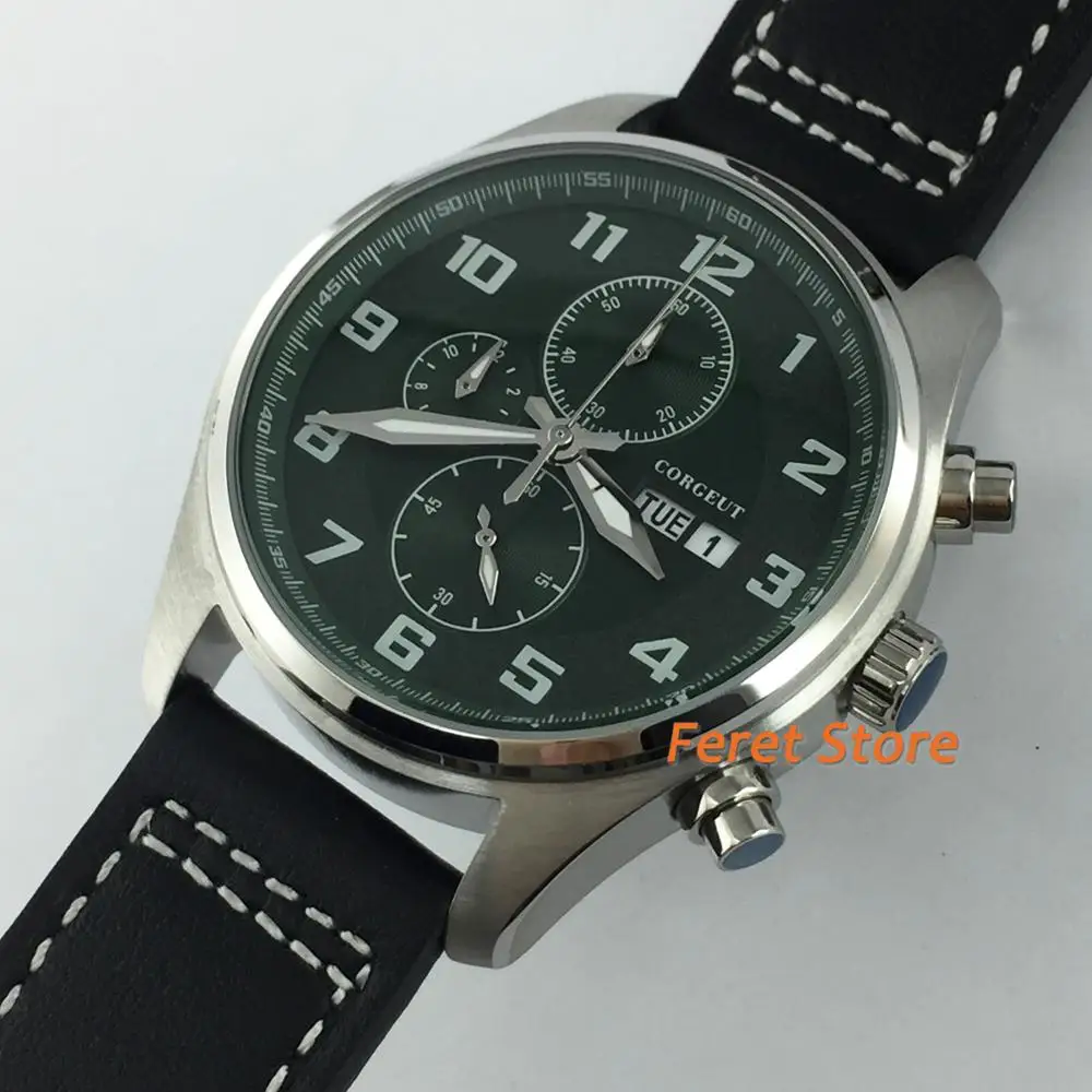 Corgeut 41mm Business chronograph watch silver steel case Luminous hands green dial date week leather strap men's quartz watch