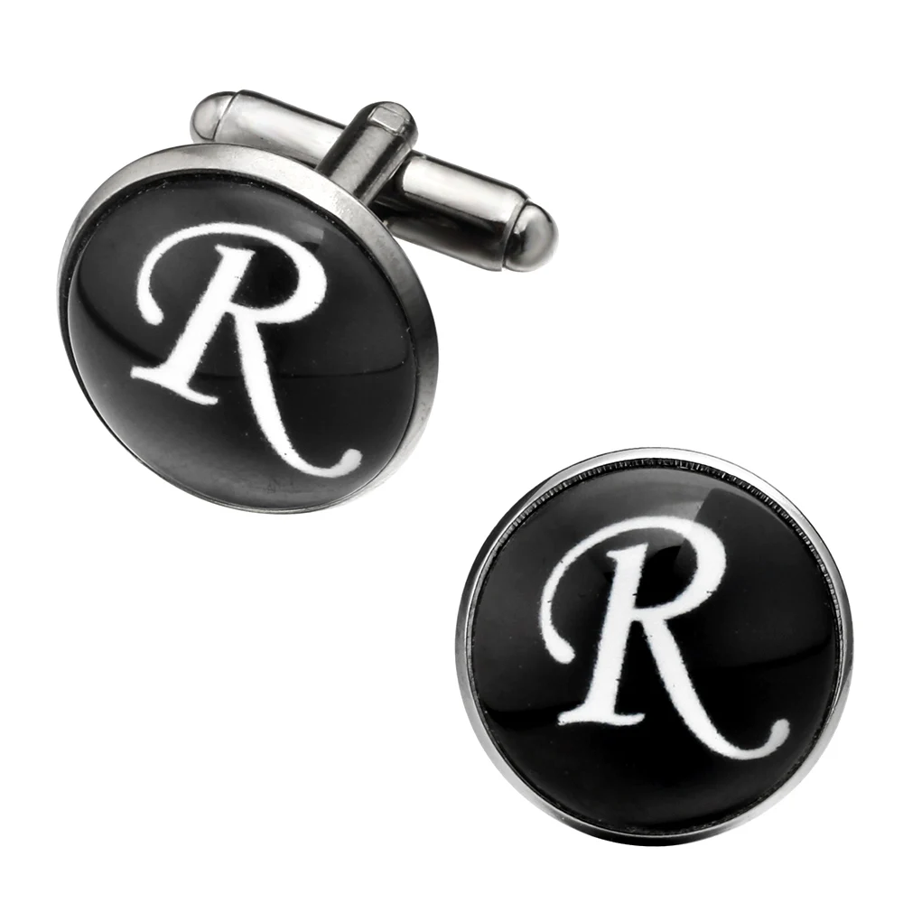 Letter-R Акция! Модные запонки с A-Z буквами, черные запонки с круглым носком, мужские запонки в деловом стиле - Окраска металла: Letter-R