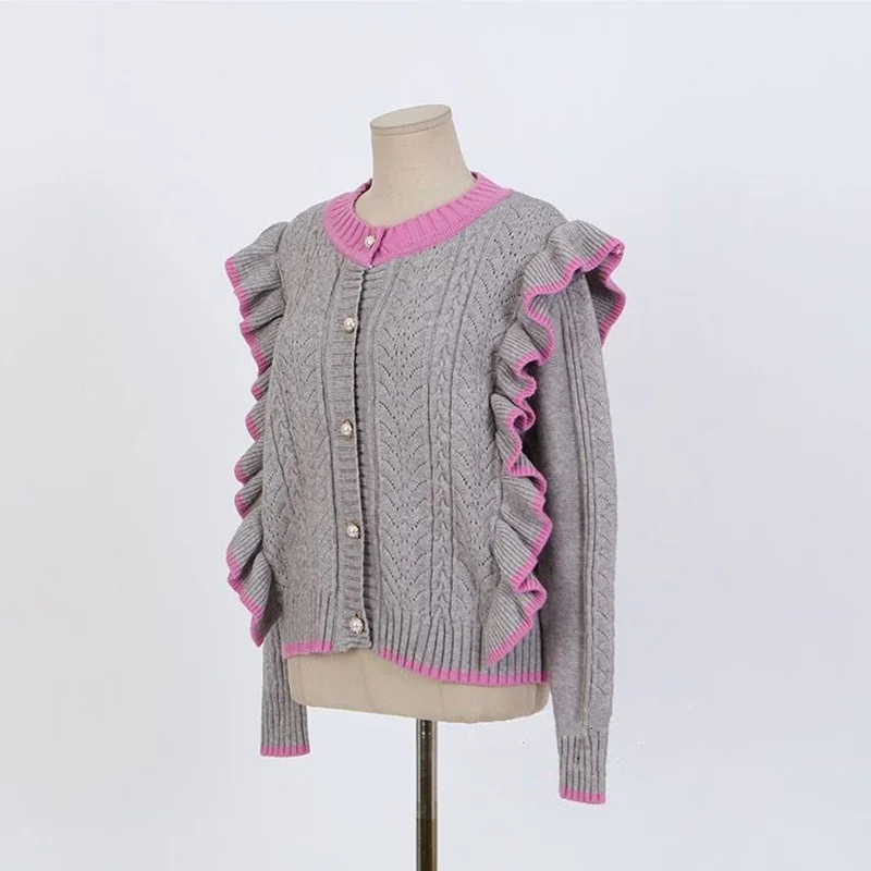 

Korean Style Cute Contrast Color Ruffle Cardigans Female Spring Autumn Fashion Hollow Out Twisted Knitted Button Cardigan Jacket