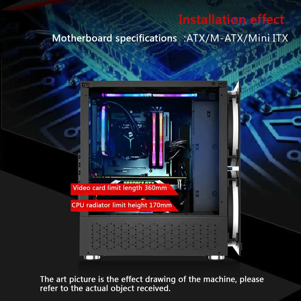 RGB компьютерный корпус двухсторонний закаленное стекло панели ATX игровой корпус с водяным охлаждением ПК с 2 сменными цветами вентилятора