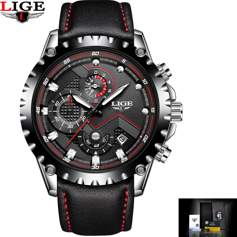 leather black LIGE новые мужские s часы Спортивные Хронограф лучший бренд класса люкс водонепроницаемые Модные часы кварцевые часы мужские relogio masculino Горячая - Цвет: leather black