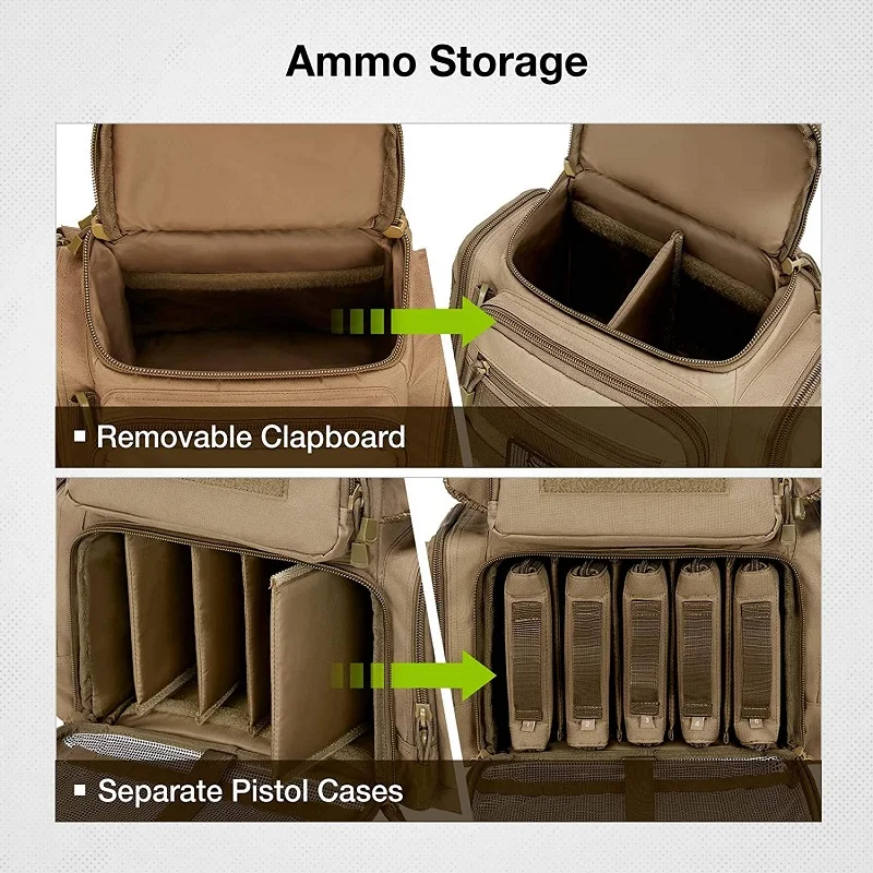 

100% Nylon Tan Tactical Range Backpack with removable pistol storage cases Military Backpacks