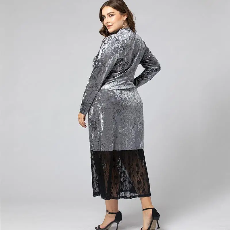 

4xl velvet long dress lace patchwork big size women dress party night sexy silver maxi dress long sleeve winter plus size dress