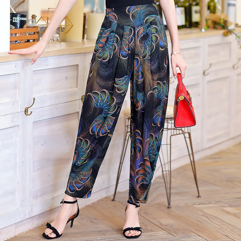 Autumn Spring Print Loose Harem Pants for Women  Thin Ladies Trousers High Waist Ankle Length Female Pants with Pockets