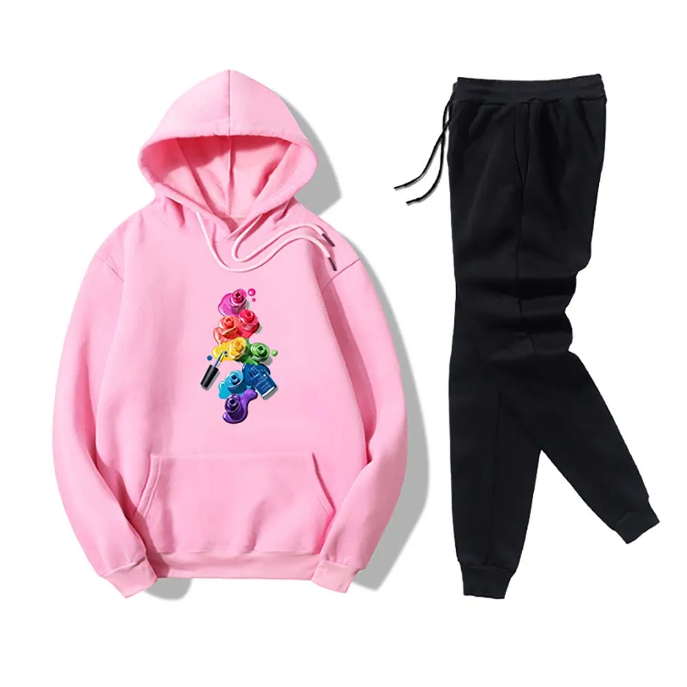 

VICABO Multicolor Print Fitness Sportwear for Women Big Pocket Hooded Tops and Long Jogger Pants Casual Soft Ladies 2pcs Set