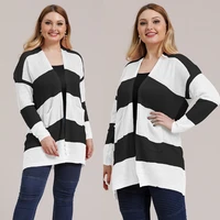 Women Open Front Cardigan Colorblock Striped Knitted Loose Sweater Coat XL-3XL