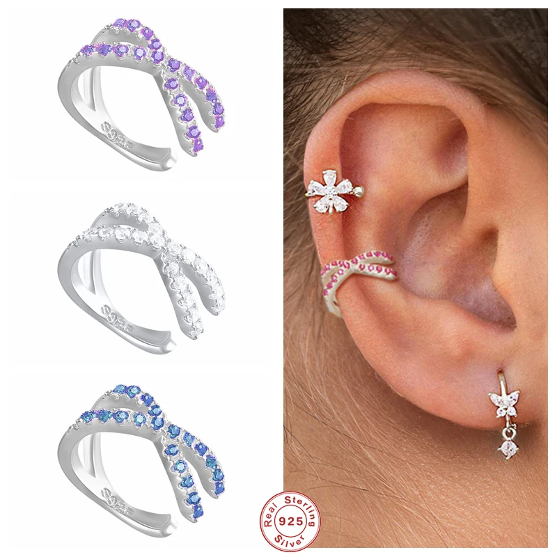 

Aide 925 Sterling Silver Colorful Crystal Mosaic Ear Cuffs For Women Minimalist X Cross Shape Clip Earrings Non Pierced Jewelry
