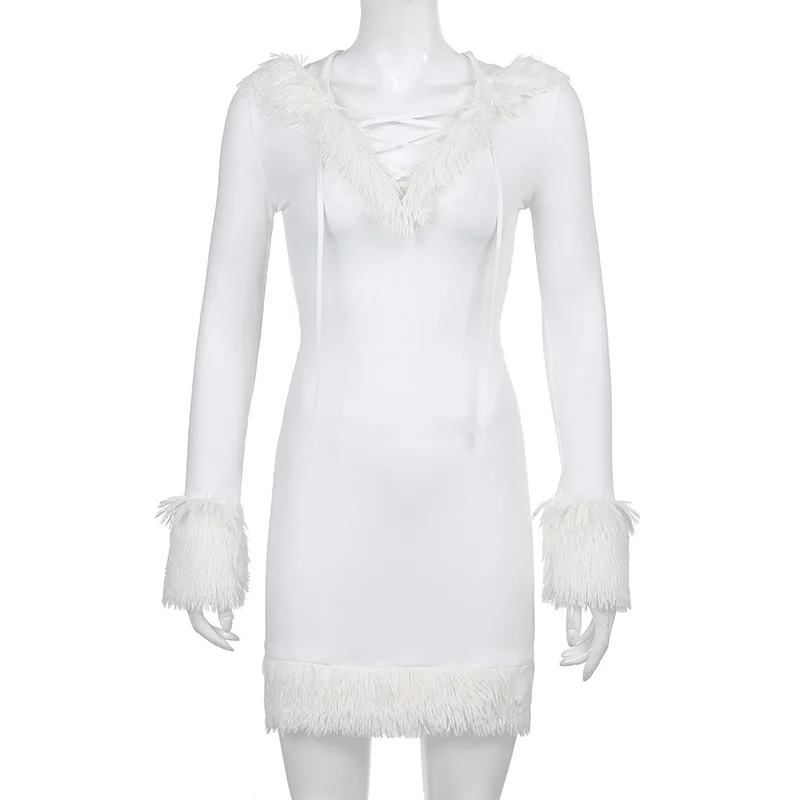 

Женское мини-платье с капюшоном, облегающее платье составного кроя с белыми перьями и длинным рукавом, весна-осень 2021