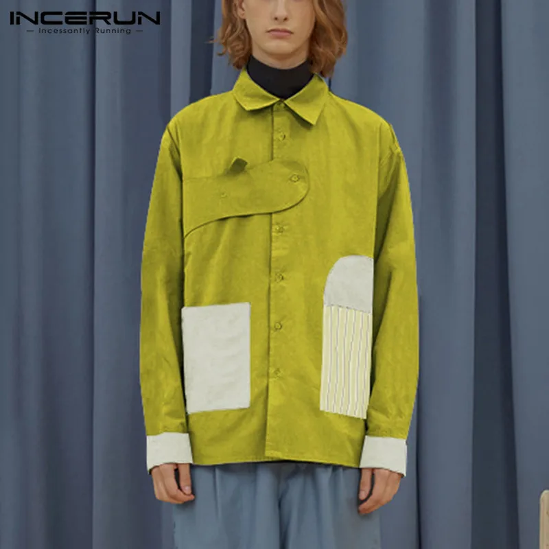 

Men Patchwork Shirt Lapel Streetwear Long Sleeve Button Tops Personality Fashion Casual Shirts Chic Loose Camisas Hombre INCERUN