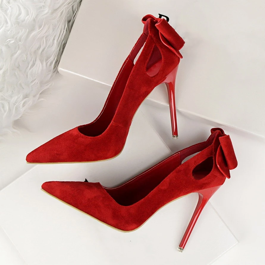 Милые туфли лодочки Туфли на тонком высоком каблуке с бантом Женские замшевые
