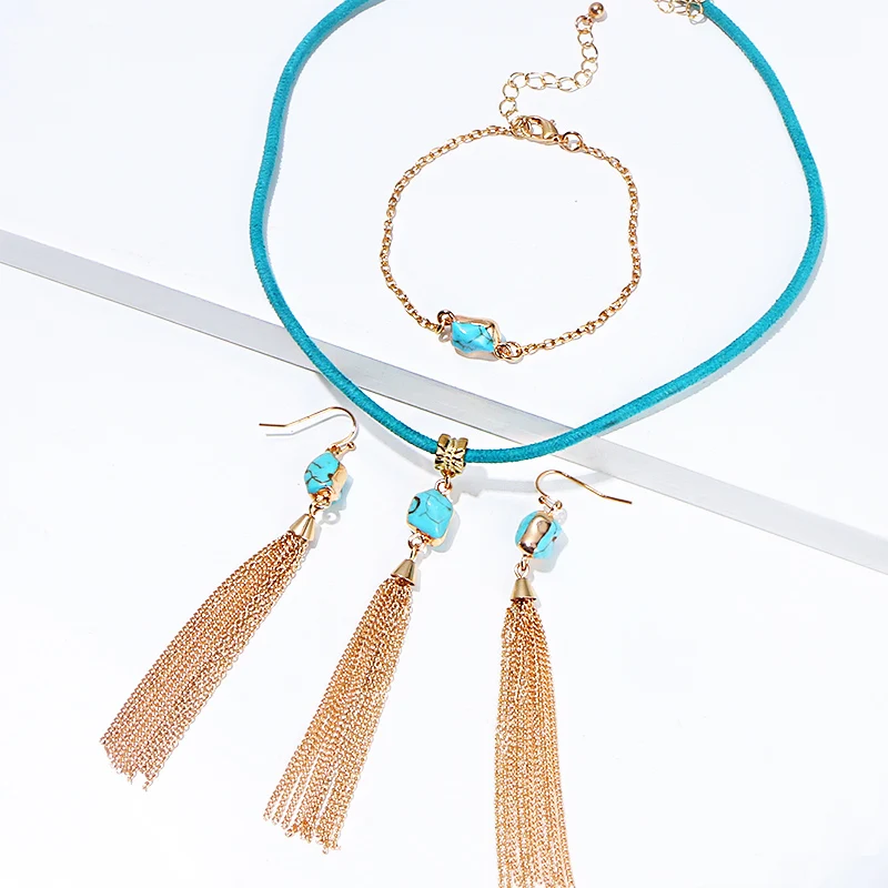 Коми модные бирюзовые серьги с кисточками регулируемый браслет Подвеска