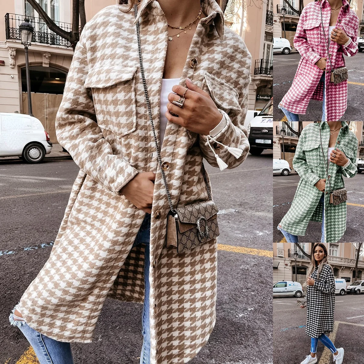 

Women's Plaid Coat Autumn and Winter New Fashion Thousand Bird Plaid Printed Wool Coat Casual Women Wear 2021